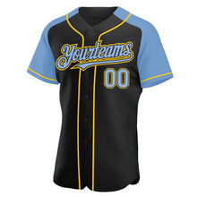 Загрузить изображение в средство просмотра галереи, Custom Black Light Blue-Yellow Authentic Raglan Sleeves Baseball Jersey
