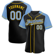 Загрузить изображение в средство просмотра галереи, Custom Black Light Blue-Yellow Authentic Raglan Sleeves Baseball Jersey
