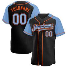 Загрузить изображение в средство просмотра галереи, Custom Black Light Blue-Orange Authentic Raglan Sleeves Baseball Jersey
