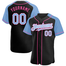 Загрузить изображение в средство просмотра галереи, Custom Black Light Blue-Pink Authentic Raglan Sleeves Baseball Jersey
