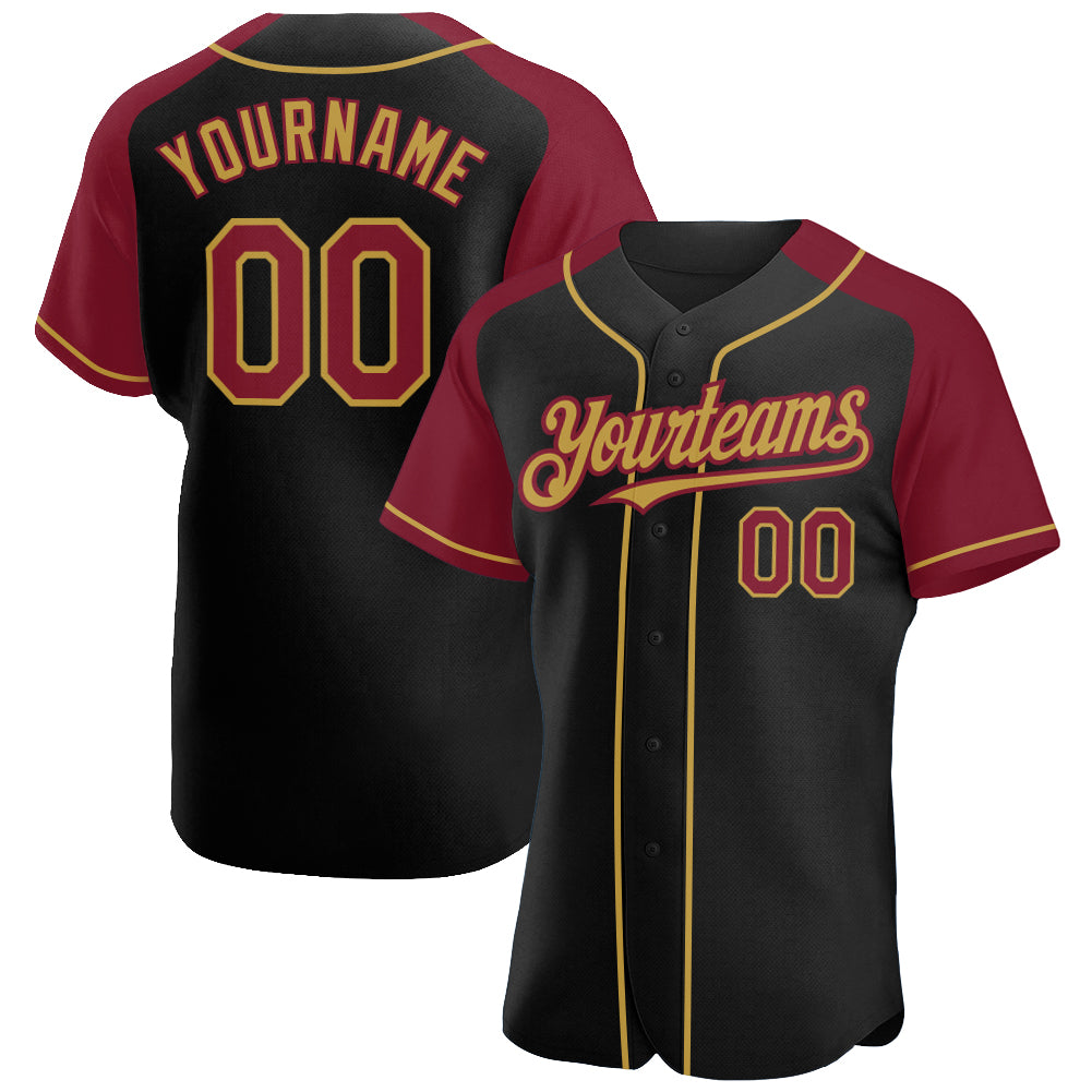 Custom Black Crimson-Old Gold Authentic Raglan Sleeves Baseball Jersey