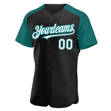 Custom Black White-Teal Authentic Raglan Sleeves Baseball Jersey