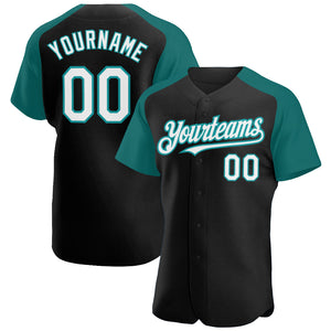 Custom Black White-Teal Authentic Raglan Sleeves Baseball Jersey