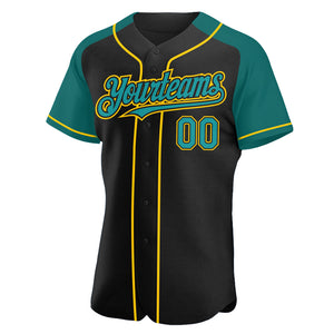 Custom Black Teal-Yellow Authentic Raglan Sleeves Baseball Jersey