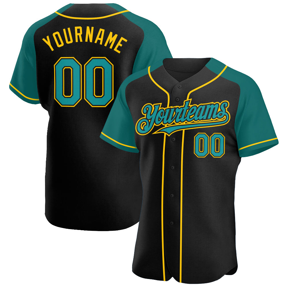 Custom Black Teal-Yellow Authentic Raglan Sleeves Baseball Jersey