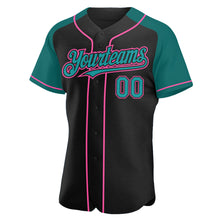 Загрузить изображение в средство просмотра галереи, Custom Black Teal-Pink Authentic Raglan Sleeves Baseball Jersey
