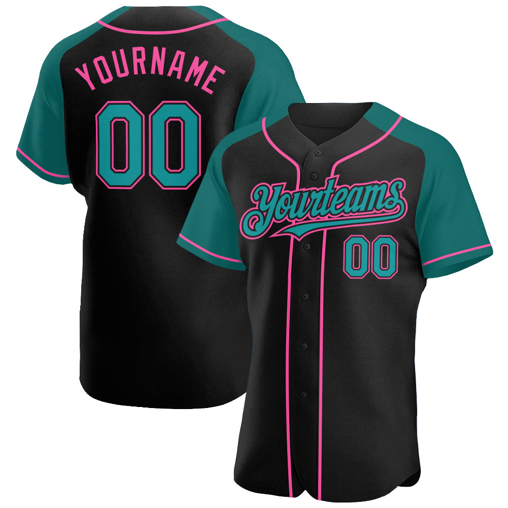 Custom Black Teal-Pink Authentic Raglan Sleeves Baseball Jersey