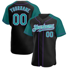 Загрузить изображение в средство просмотра галереи, Custom Black Teal-Purple Authentic Raglan Sleeves Baseball Jersey
