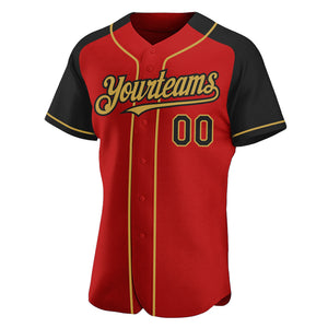 Custom Red Black-Old Gold Authentic Raglan Sleeves Baseball Jersey