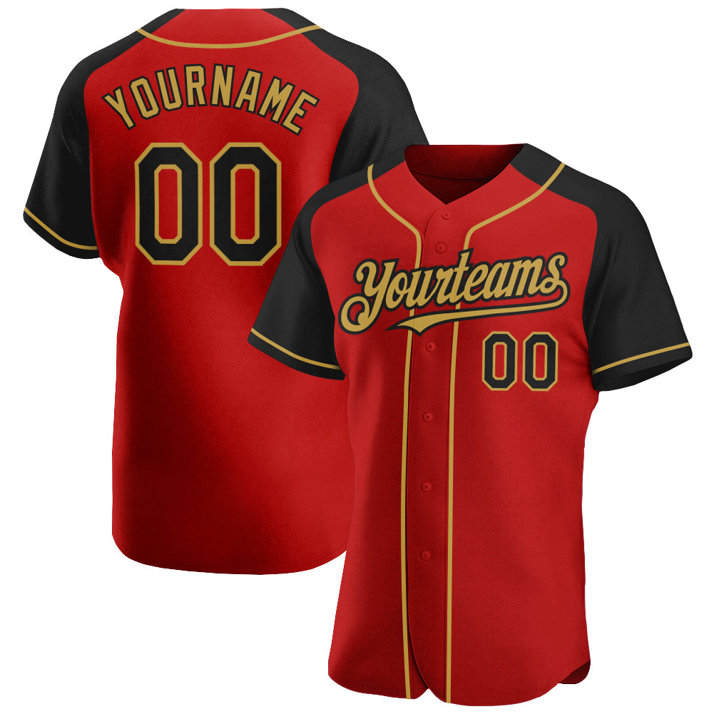 Custom Red Black-Old Gold Authentic Raglan Sleeves Baseball Jersey