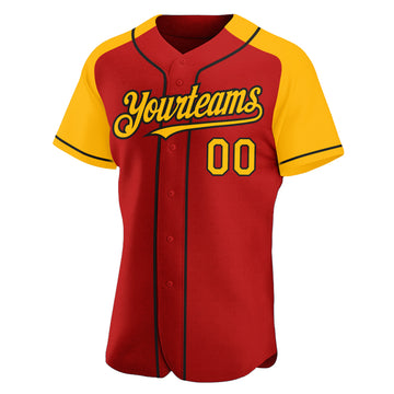 Custom Red Gold-Black Authentic Raglan Sleeves Baseball Jersey