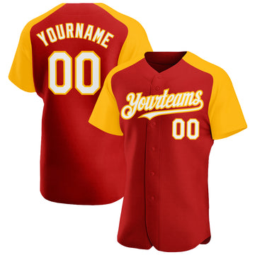 Custom Red White-Gold Authentic Raglan Sleeves Baseball Jersey