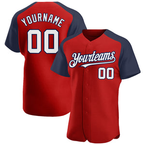 Custom Red White-Navy Authentic Raglan Sleeves Baseball Jersey