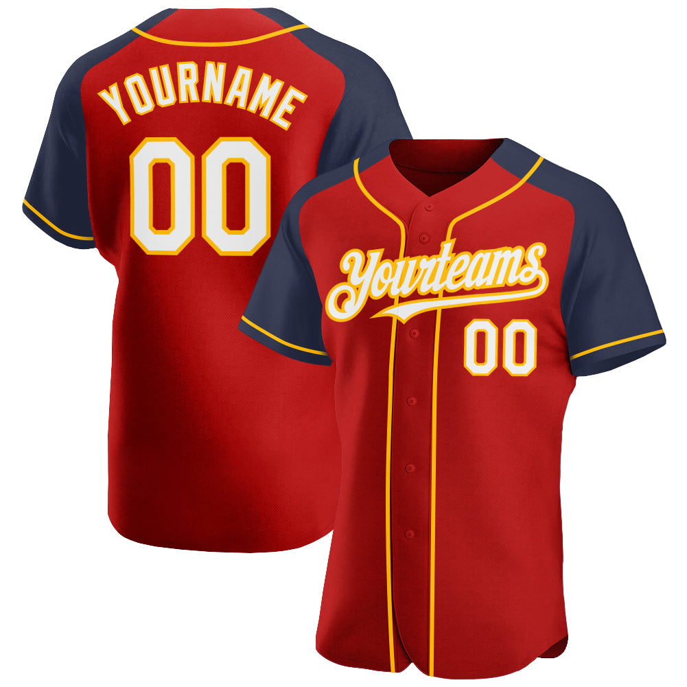 Custom Red White Navy-Gold Authentic Raglan Sleeves Baseball Jersey