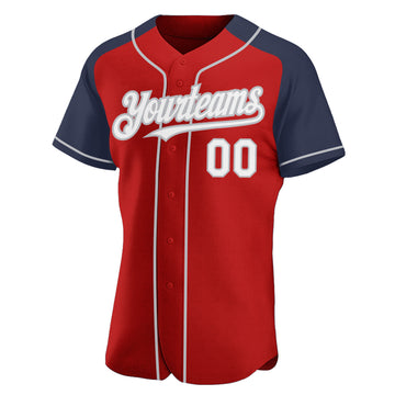 Custom Red White Navy-Gray Authentic Raglan Sleeves Baseball Jersey