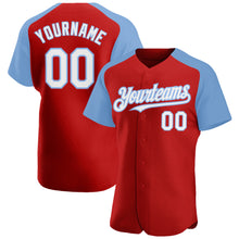 Загрузить изображение в средство просмотра галереи, Custom Red White-Light Blue Authentic Raglan Sleeves Baseball Jersey
