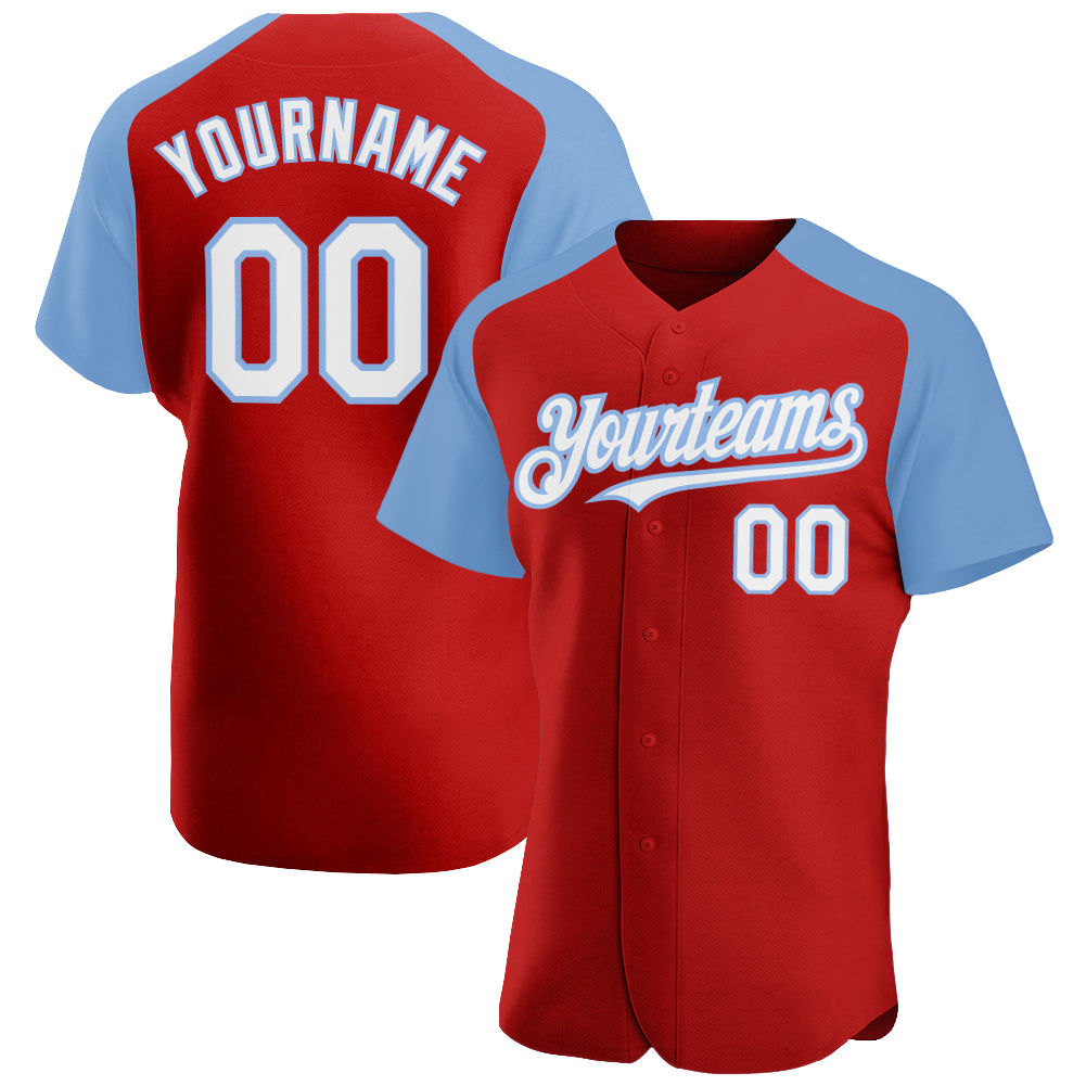 Custom Red White-Light Blue Authentic Raglan Sleeves Baseball Jersey