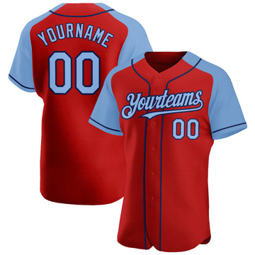 Custom Red Light Blue-Navy Authentic Raglan Sleeves Baseball Jersey