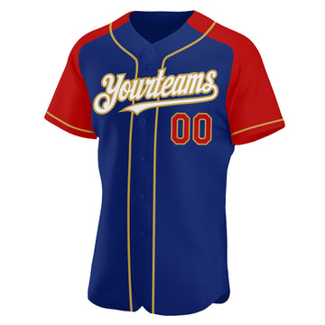 Custom Royal Red-Old Gold Authentic Raglan Sleeves Baseball Jersey