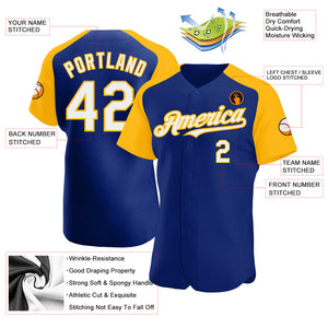 Custom Royal White-Gold Authentic Raglan Sleeves Baseball Jersey