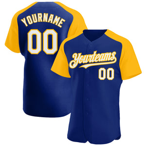 Custom Royal White-Gold Authentic Raglan Sleeves Baseball Jersey