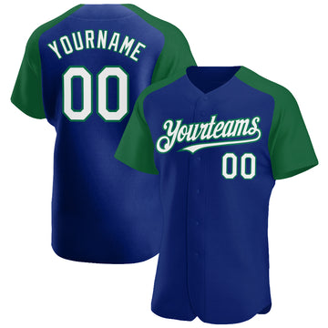 Custom Royal White-Kelly Green Authentic Raglan Sleeves Baseball Jersey