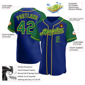 Custom Royal Kelly Green-Yellow Authentic Raglan Sleeves Baseball Jersey