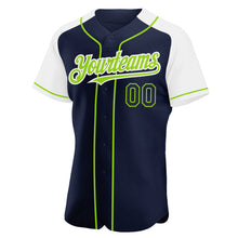 Загрузить изображение в средство просмотра галереи, Custom Navy White-Neon Green Authentic Raglan Sleeves Baseball Jersey
