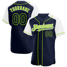 Загрузить изображение в средство просмотра галереи, Custom Navy White-Neon Green Authentic Raglan Sleeves Baseball Jersey
