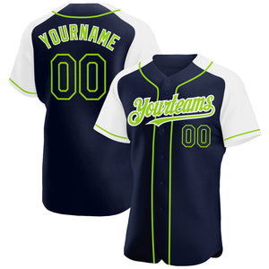 Custom Navy White-Neon Green Authentic Raglan Sleeves Baseball Jersey