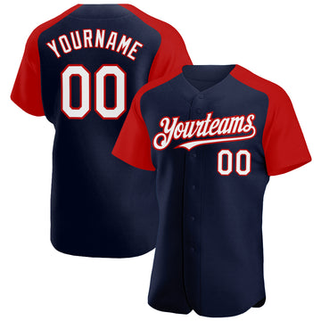 Custom Navy White-Red Authentic Raglan Sleeves Baseball Jersey