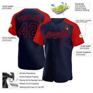 Custom Navy Red Authentic Raglan Sleeves Baseball Jersey