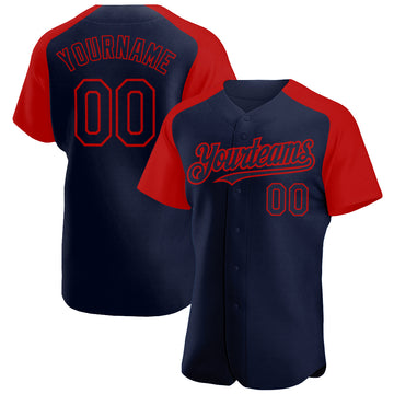 Custom Navy Red Authentic Raglan Sleeves Baseball Jersey