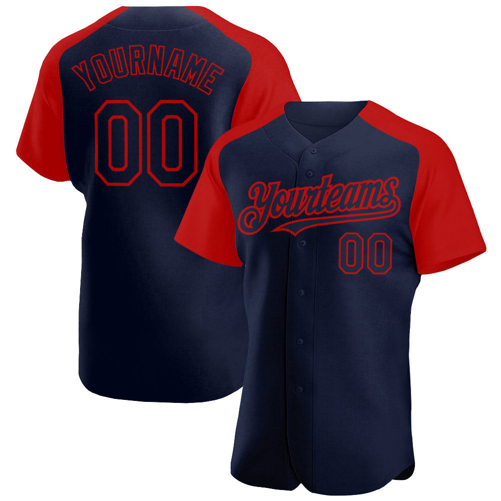 Custom Navy Red Authentic Raglan Sleeves Baseball Jersey