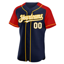 Загрузить изображение в средство просмотра галереи, Custom Navy White Red-Gold Authentic Raglan Sleeves Baseball Jersey
