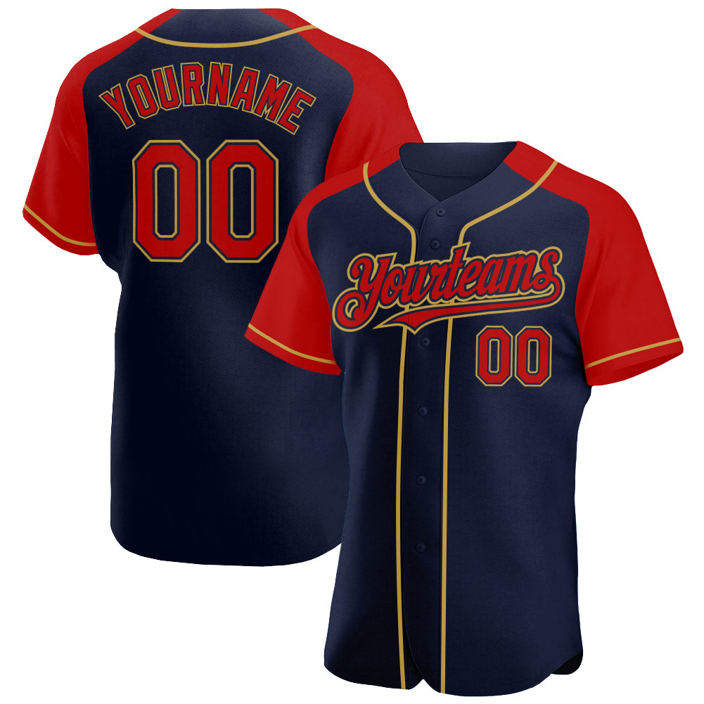 Custom Navy Red-Old Gold Authentic Raglan Sleeves Baseball Jersey