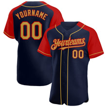 Загрузить изображение в средство просмотра галереи, Custom Navy Old Gold-Red Authentic Raglan Sleeves Baseball Jersey
