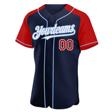 Загрузить изображение в средство просмотра галереи, Custom Navy Red-Light Blue Authentic Raglan Sleeves Baseball Jersey
