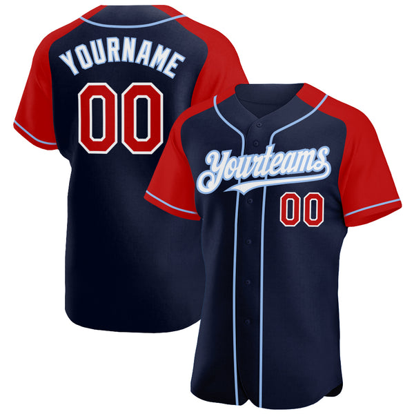 Custom Red Light Blue-Navy Authentic Raglan Sleeves Baseball Jersey Discount