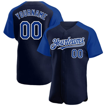 Custom Navy Royal-White Authentic Raglan Sleeves Baseball Jersey