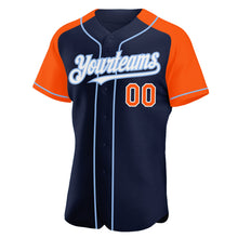 Загрузить изображение в средство просмотра галереи, Custom Navy Orange-Light Blue Authentic Raglan Sleeves Baseball Jersey
