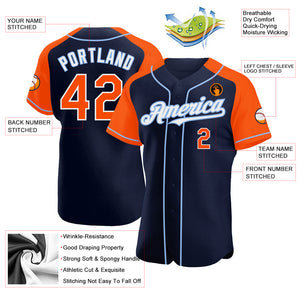 Custom Navy Orange-Light Blue Authentic Raglan Sleeves Baseball Jersey