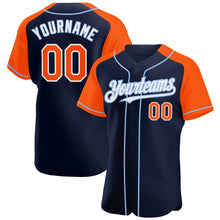 Загрузить изображение в средство просмотра галереи, Custom Navy Orange-Light Blue Authentic Raglan Sleeves Baseball Jersey
