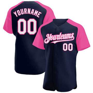 Custom Navy White-Pink Authentic Raglan Sleeves Baseball Jersey