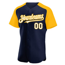 Загрузить изображение в средство просмотра галереи, Custom Navy White-Gold Authentic Raglan Sleeves Baseball Jersey
