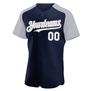 Custom Navy White-Gray Authentic Raglan Sleeves Baseball Jersey