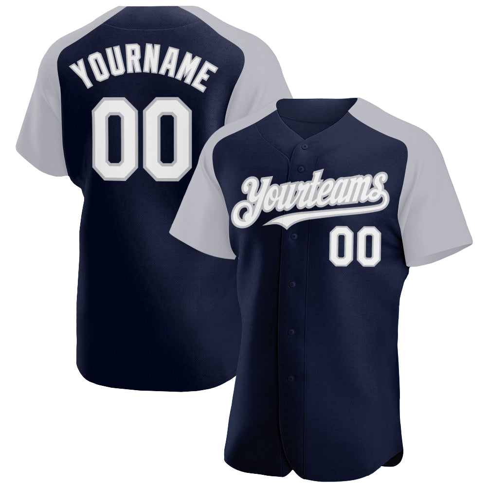 Custom Navy White-Gray Authentic Raglan Sleeves Baseball Jersey