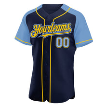 Загрузить изображение в средство просмотра галереи, Custom Navy Light Blue-Yellow Authentic Raglan Sleeves Baseball Jersey
