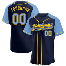 Загрузить изображение в средство просмотра галереи, Custom Navy Light Blue-Yellow Authentic Raglan Sleeves Baseball Jersey
