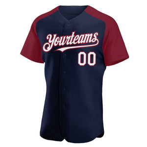 Custom Navy White-Crimson Authentic Raglan Sleeves Baseball Jersey